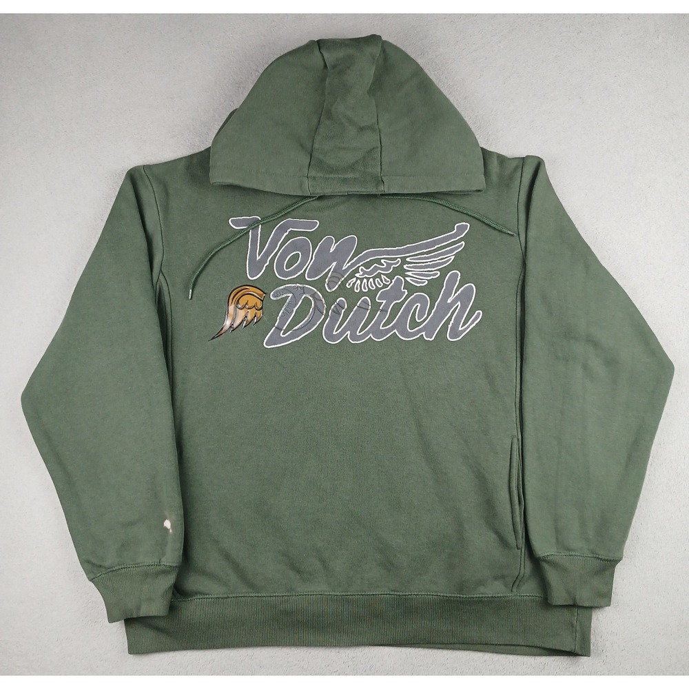 Von Dutch Hoodie Mens Large Flying Eyeball Rod & Custom Graphic Green Pullover